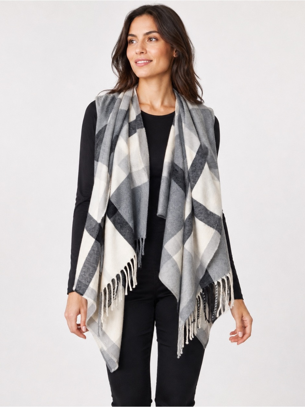 Crew Plaid Fringe Poncho Wrap Vest Gray Cream Black One Size
